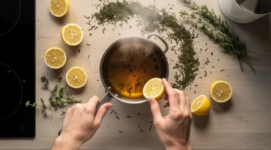 Plan de travail cuisine avec casserole fumante infusion thé et ingrédients frais