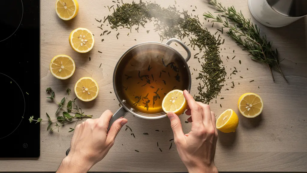 Plan de travail cuisine avec casserole fumante infusion thé et ingrédients frais