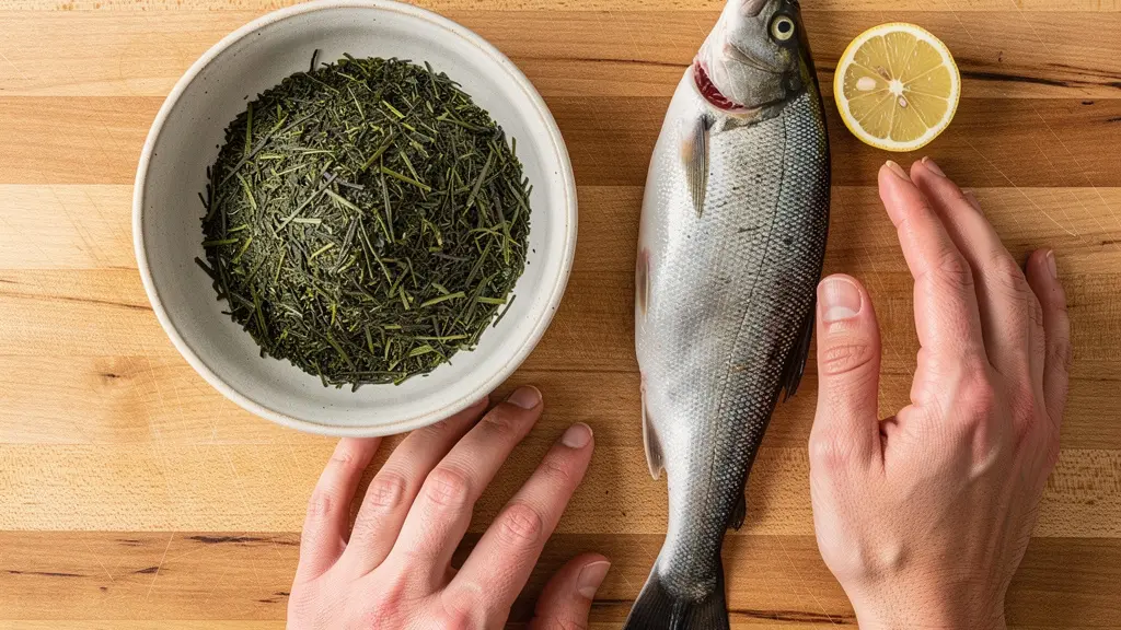 Feuilles de thé vert disposées près d'ingrédients frais pour cuisine créative
