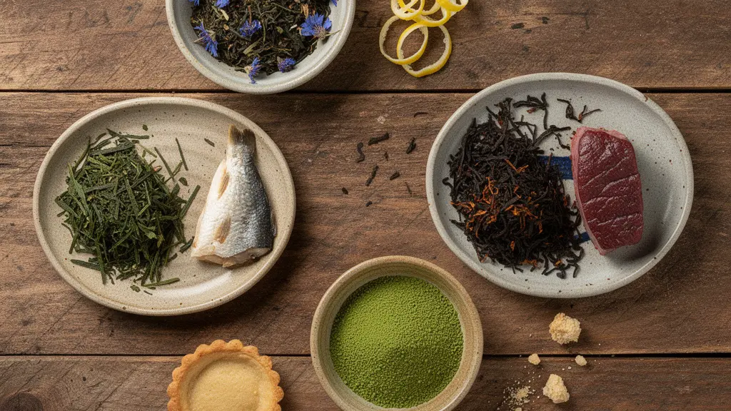 Différents types de thés en vrac disposés avec ingrédients culinaires associés