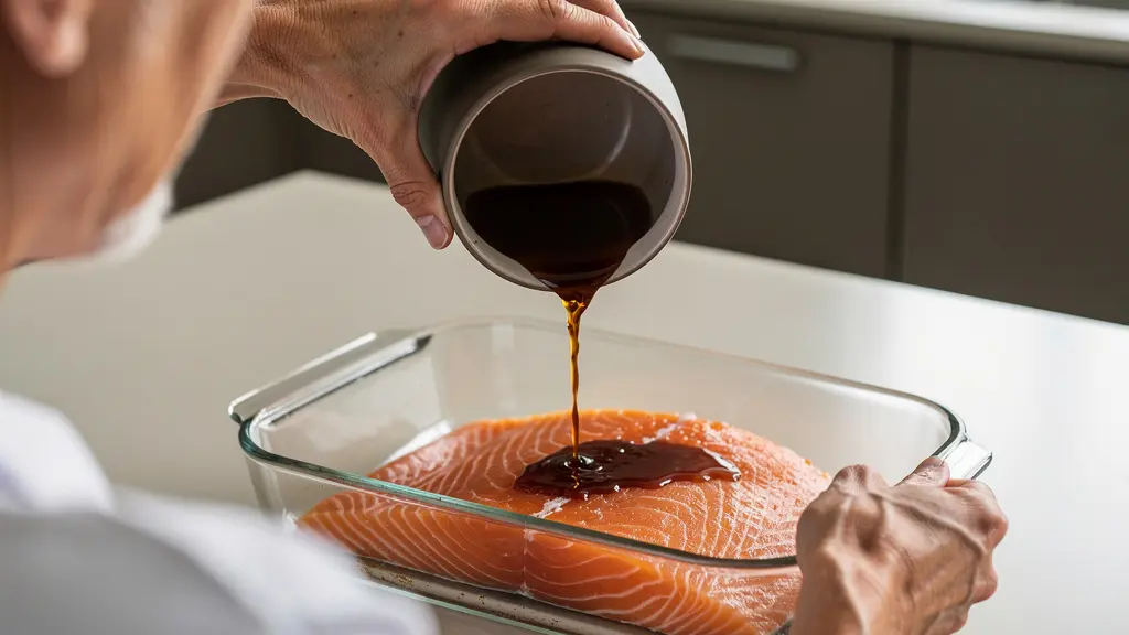 Personne versant infusion de thé sur filet de saumon pour marinade culinaire