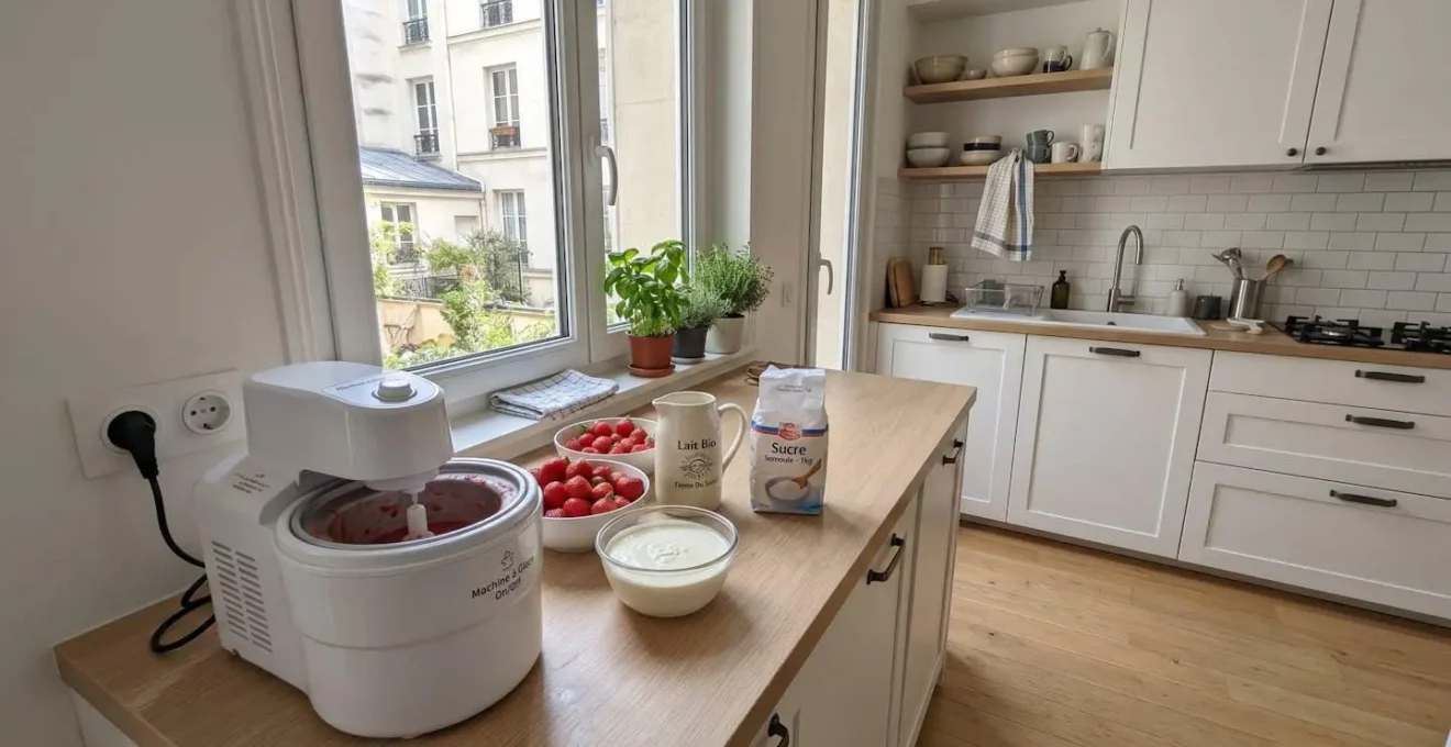 Vue large d'un comptoir de cuisine moderne avec une sorbetière électrique et des ingrédients frais disposés à côté