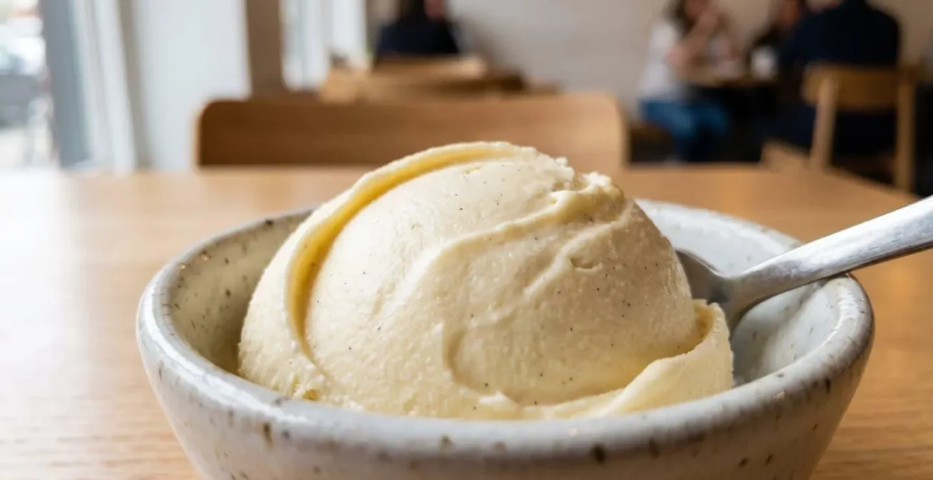 Gros plan macro sur la surface d'une glace maison montrant une texture parfaitement lisse et crémeuse sans cristaux visibles