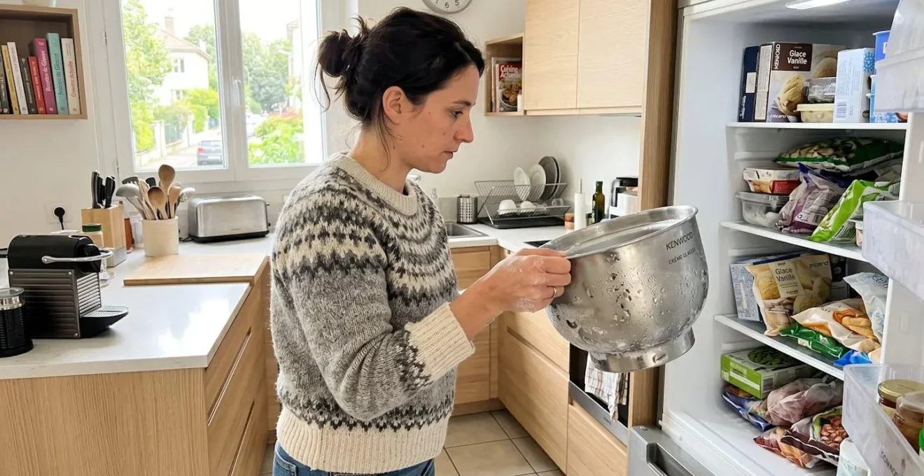 Une personne vérifie un bol de sorbetière sortant du congélateur dans une cuisine moderne lumineuse, gouttelettes de givre visibles sur la paroi métallique