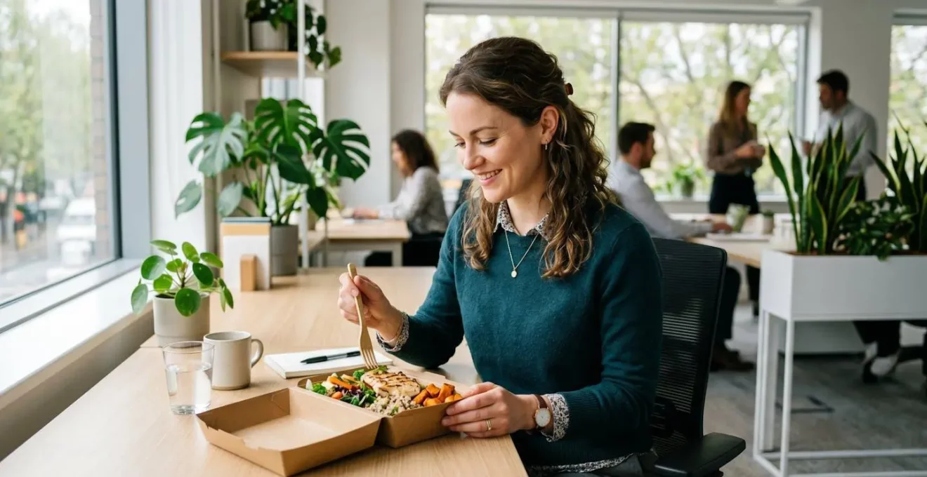 Collaborateur déguster un plateau-repas équilibré à son bureau dans un open space moderne