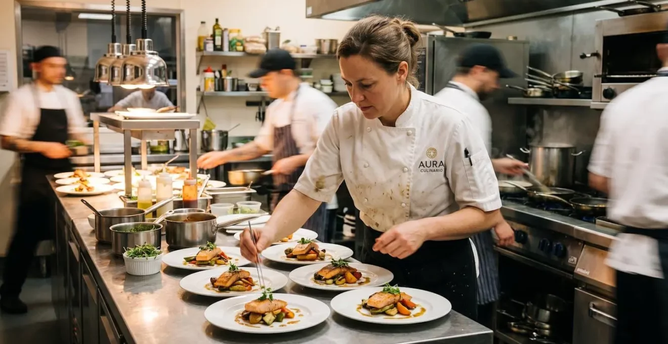 Chef cuisinier professionnel préparant des plateaux-repas dans une cuisine d'entreprise équipée