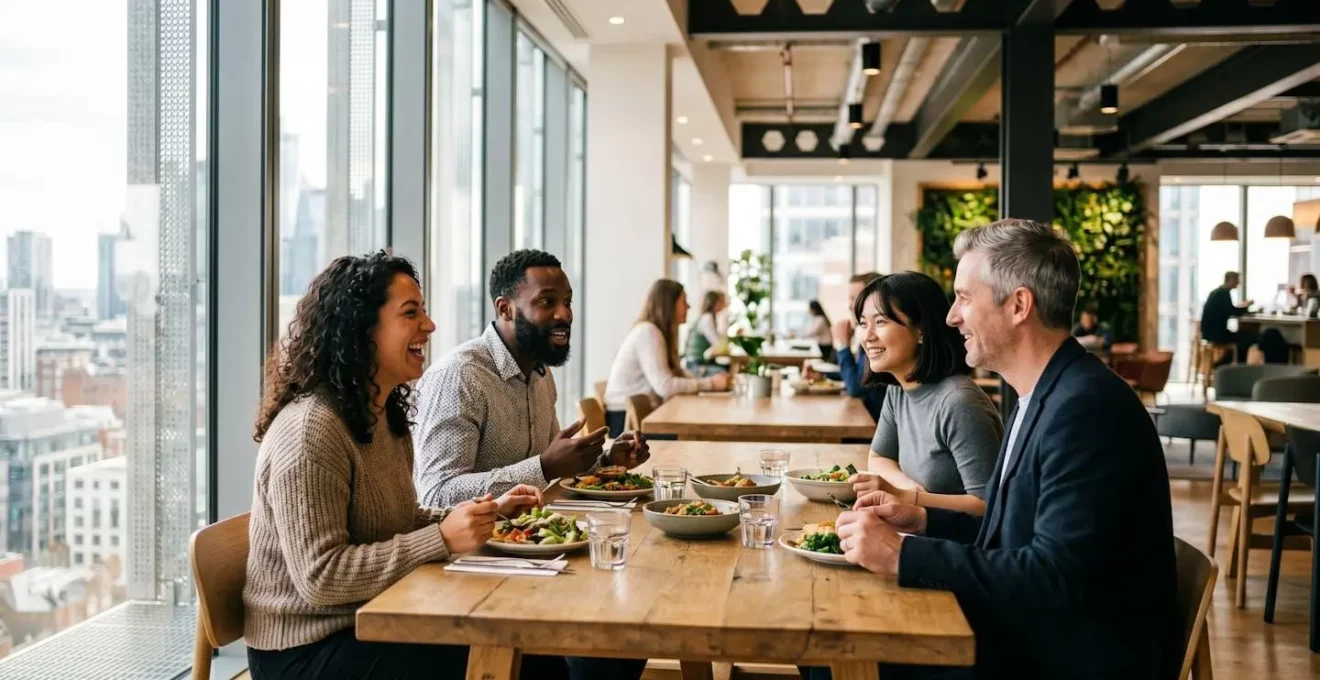 Collaborateurs déjeunant dans un espace de restauration d'entreprise moderne et lumineux