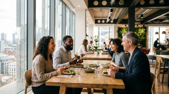 Collaborateurs déjeunant dans un espace de restauration d'entreprise moderne et lumineux